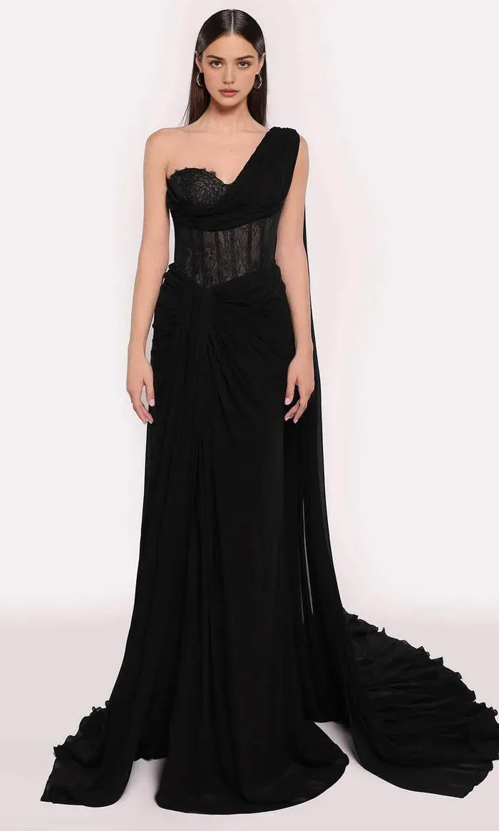 Black One - Shoulder Evening Dresses with Lace Corset Bodice Draped Silhouette and Dramatic Train for High - End Occasions