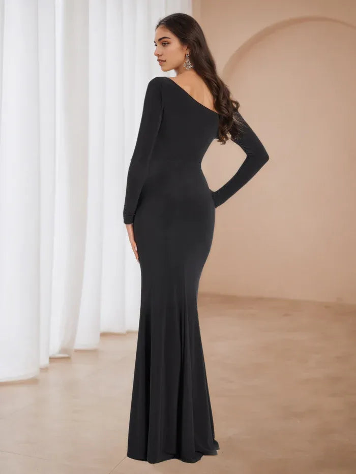 Black One - Shoulder Ruched Prom Dress with Side Slit - Elegant Evening Gown