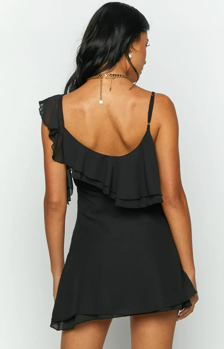 Black One - Shoulder Ruffle Homecoming Dress with Spaghetti Straps Embrace Elegance and Comfort for Your Unforgettable Homecoming Experience