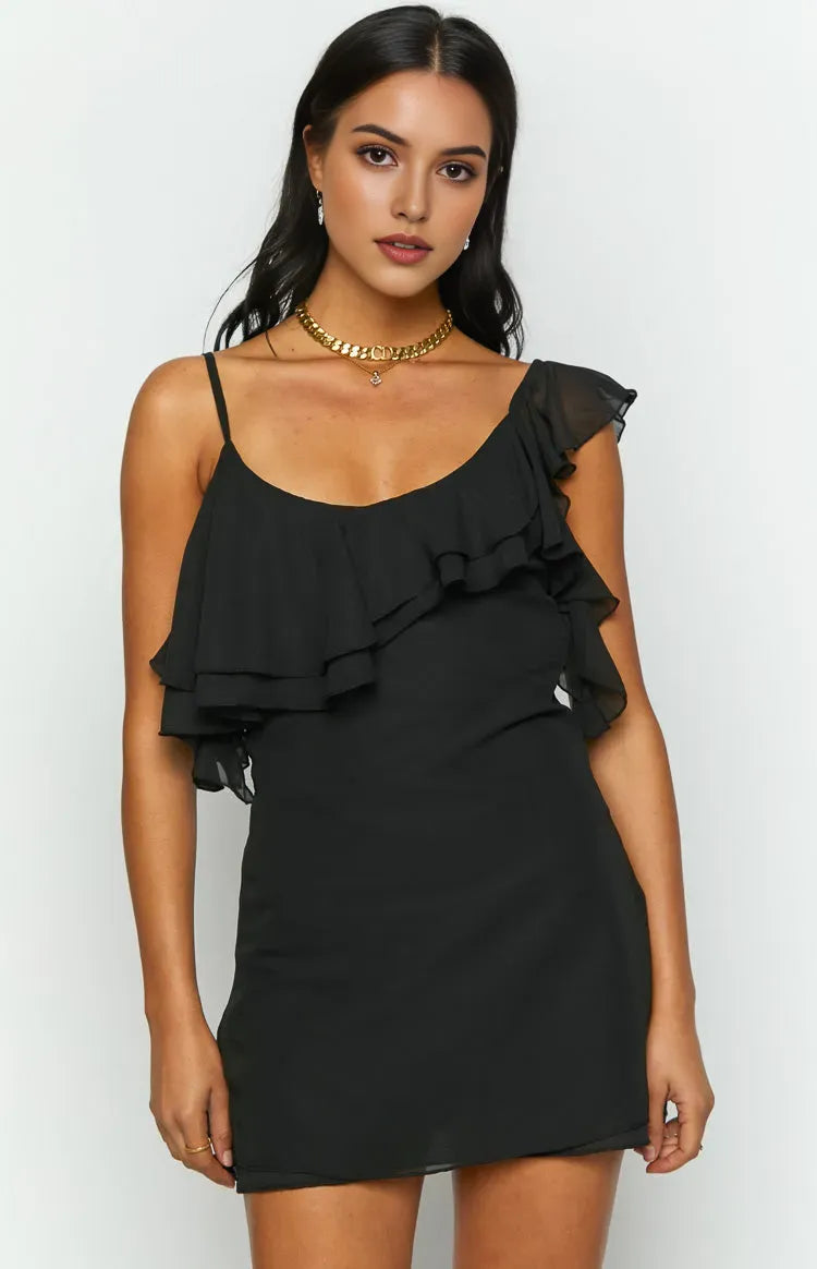 Black One - Shoulder Ruffle Homecoming Dress with Spaghetti Straps Embrace Elegance and Comfort for Your Unforgettable Homecoming Experience