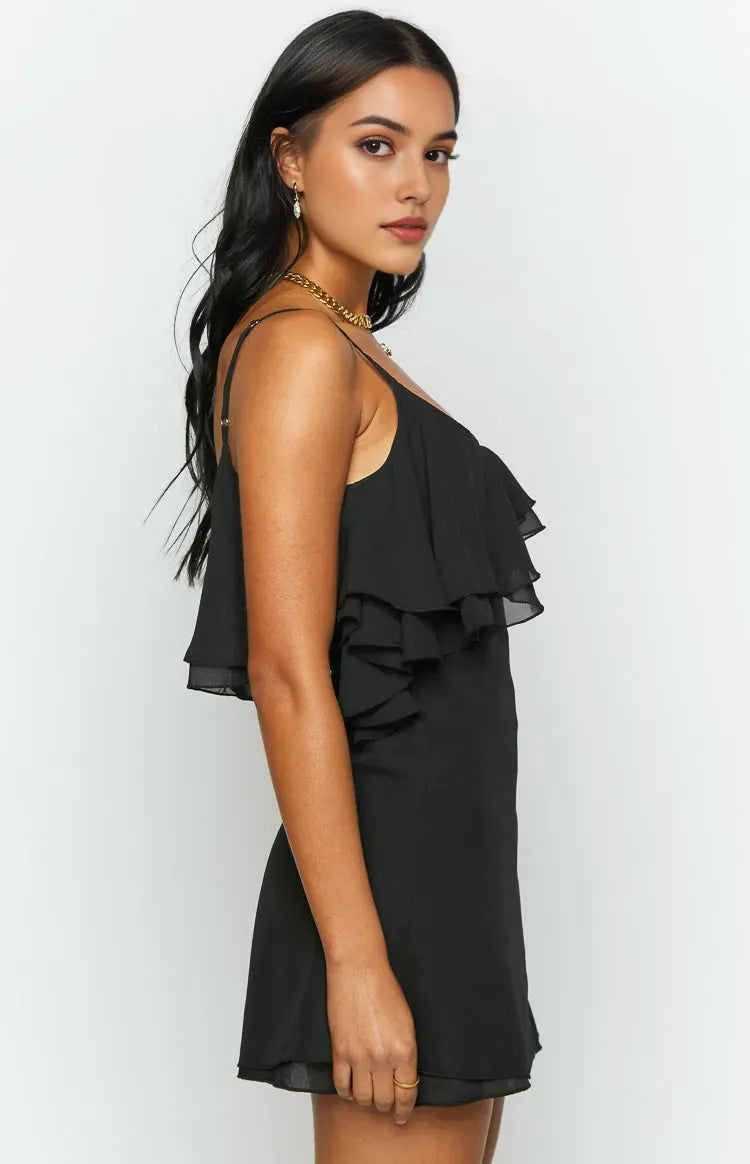 Black One - Shoulder Ruffle Homecoming Dress with Spaghetti Straps Embrace Elegance and Comfort for Your Unforgettable Homecoming Experience