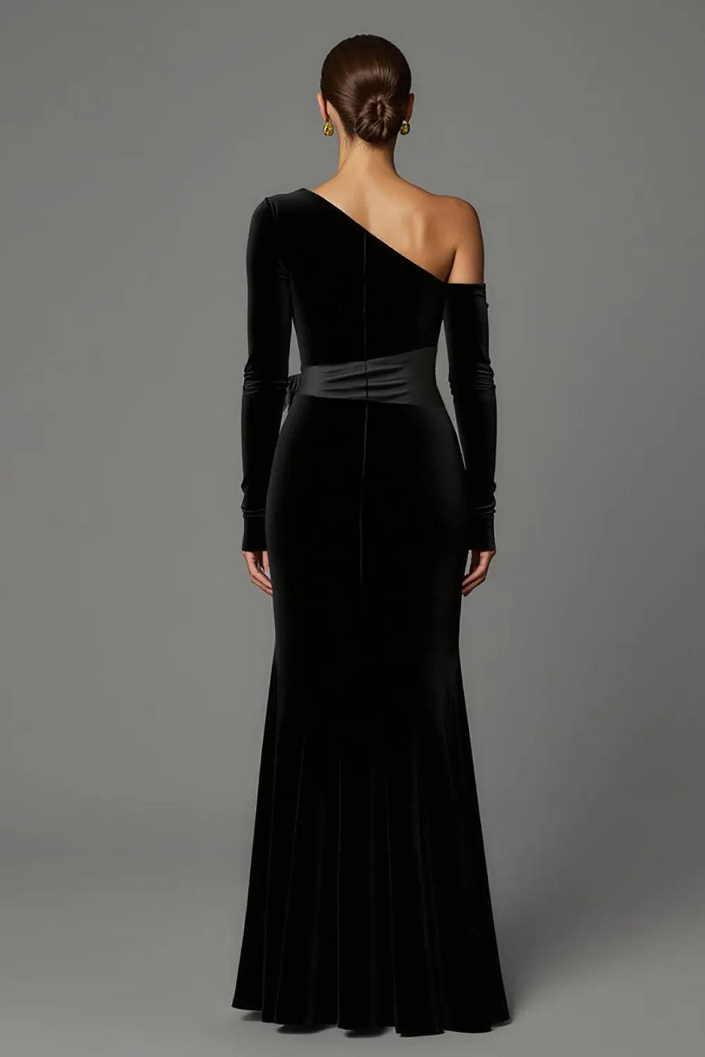 Black One Shoulder Long Sleeves Velvet Holiday Evening Dresses