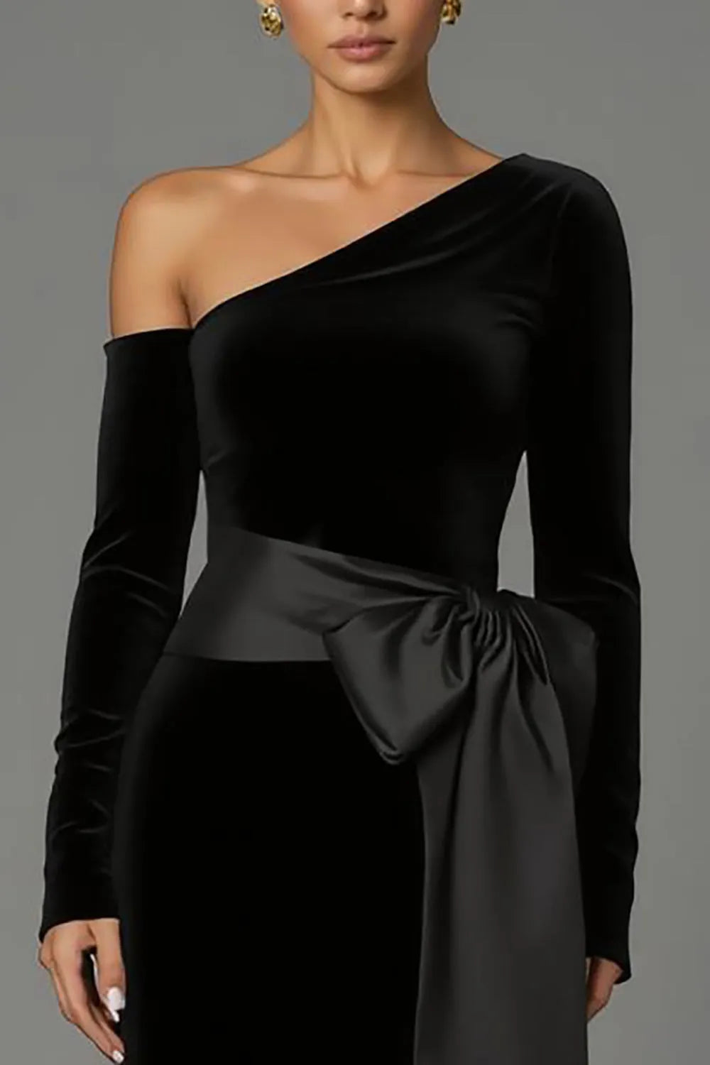 Black One Shoulder Long Sleeves Velvet Holiday Evening Dresses