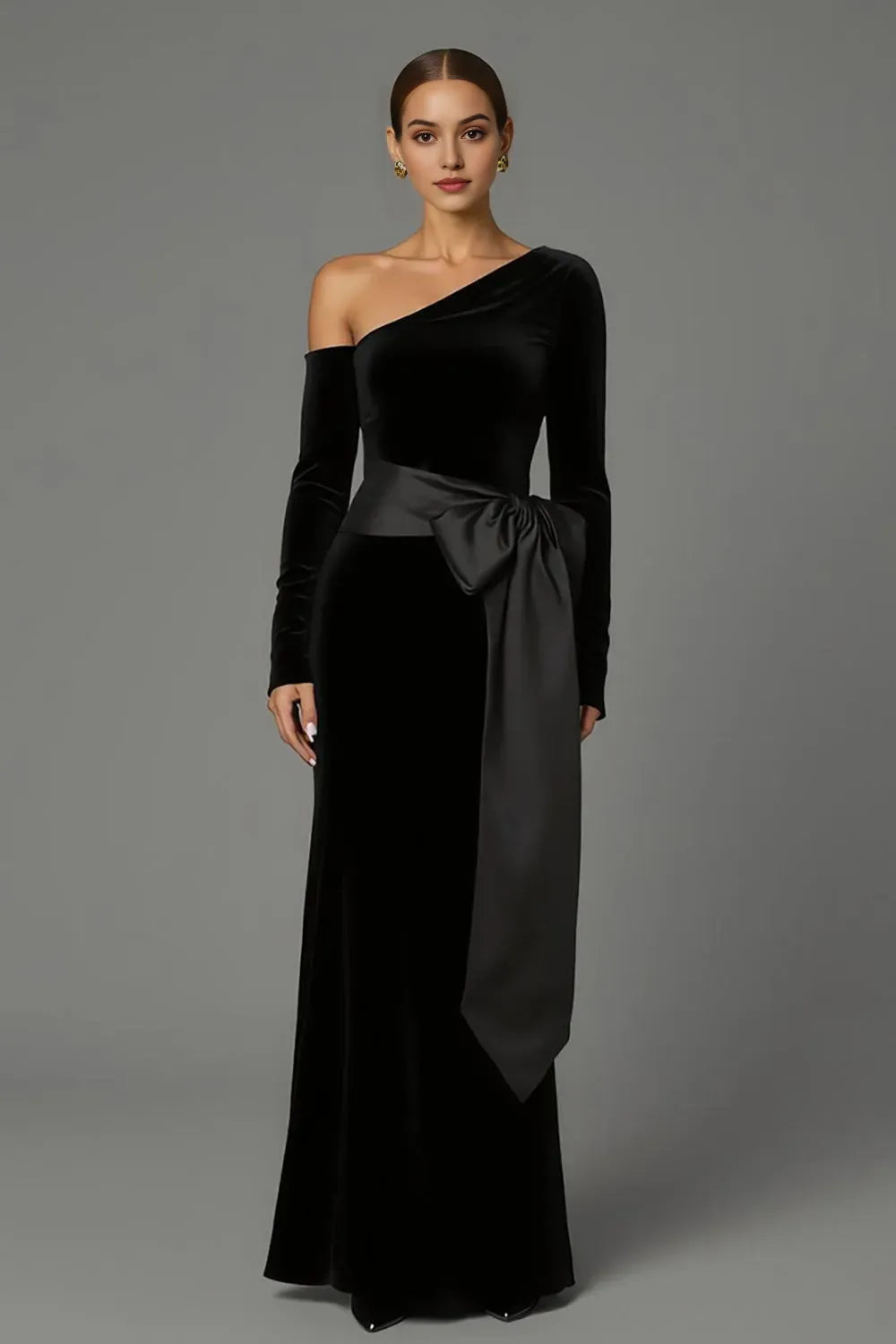 Black One Shoulder Long Sleeves Velvet Holiday Evening Dresses