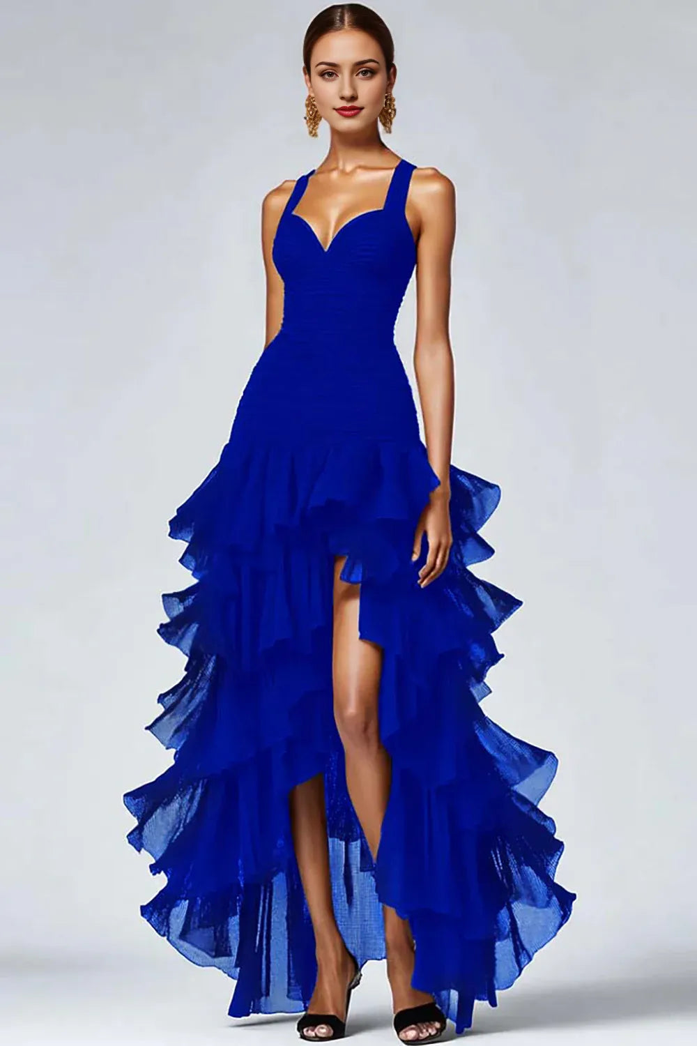 Black Organza A-Line High-Low Evening Dresses with Ruffle Slit