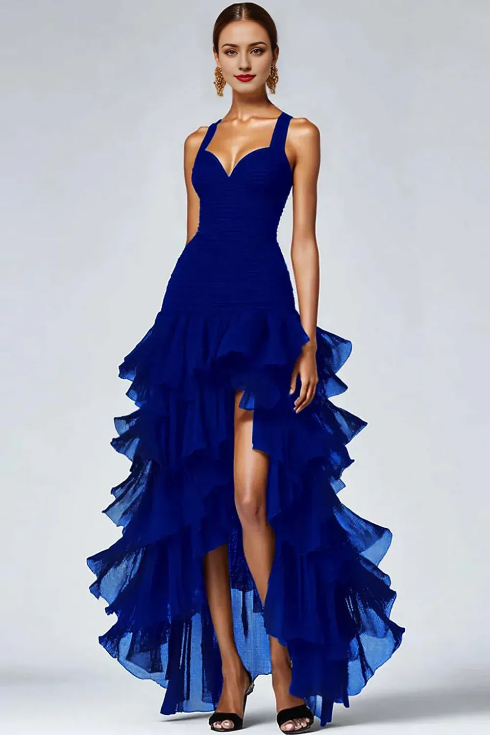 Black Organza A-Line High-Low Evening Dresses with Ruffle Slit