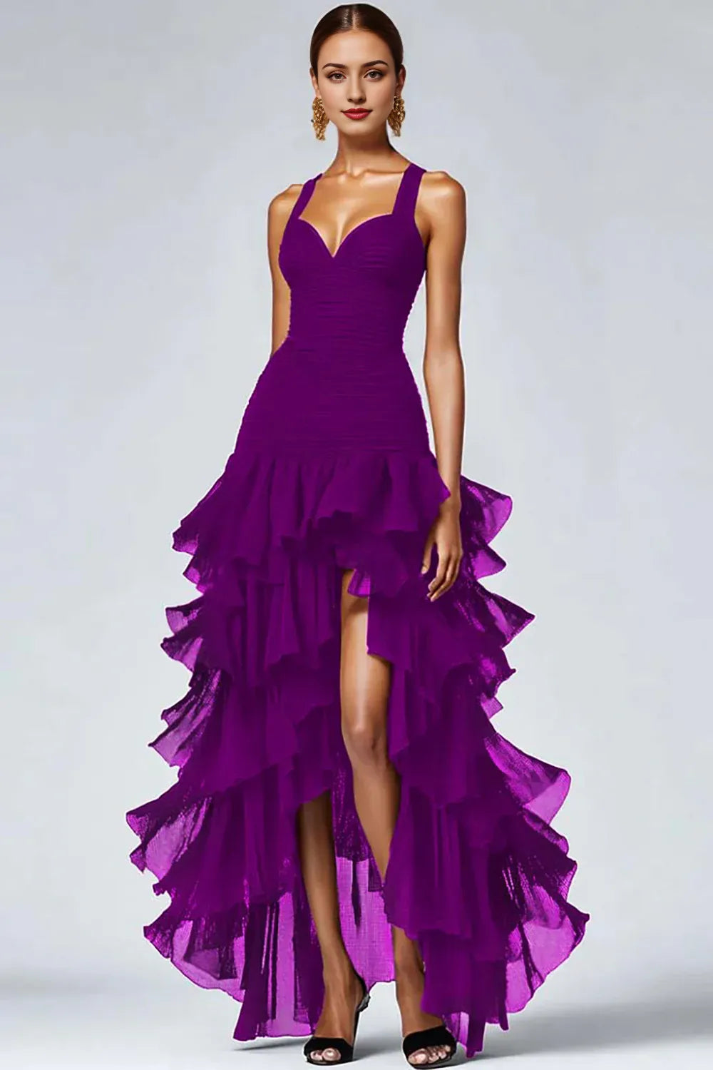 Black Organza A-Line High-Low Evening Dresses with Ruffle Slit