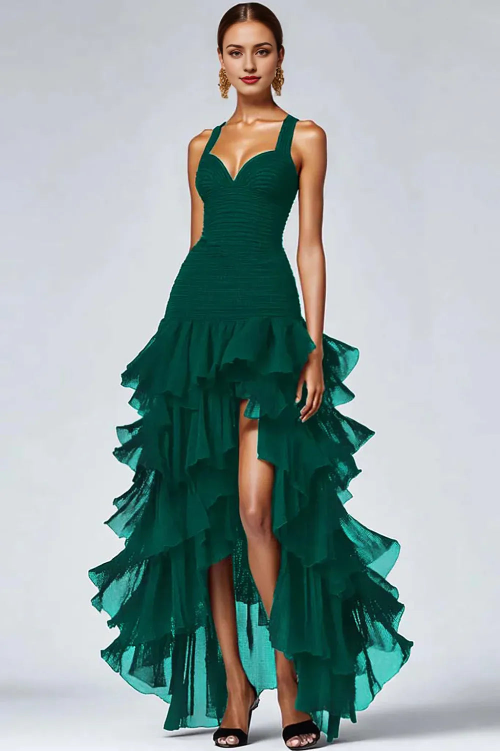 Black Organza A-Line High-Low Evening Dresses with Ruffle Slit