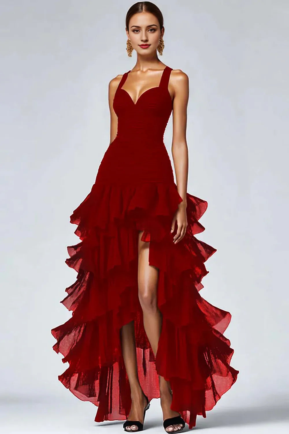 Black Organza A-Line High-Low Evening Dresses with Ruffle Slit