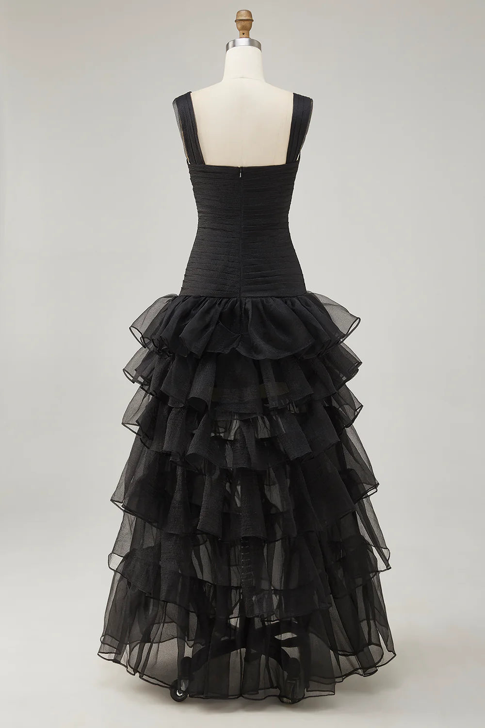 Black Organza A-Line High-Low Evening Dresses with Ruffle Slit