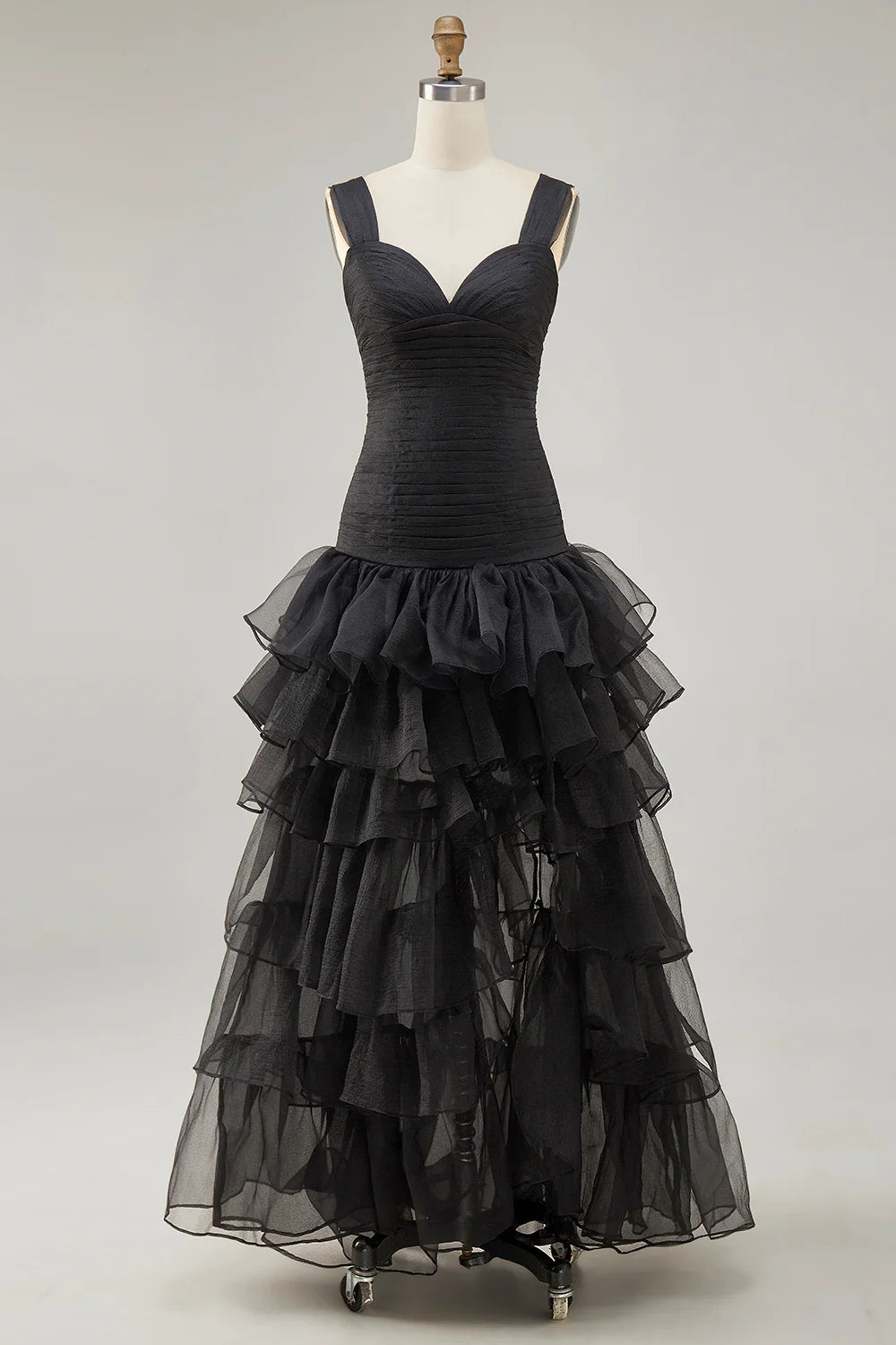 Black Organza A-Line High-Low Evening Dresses with Ruffle Slit