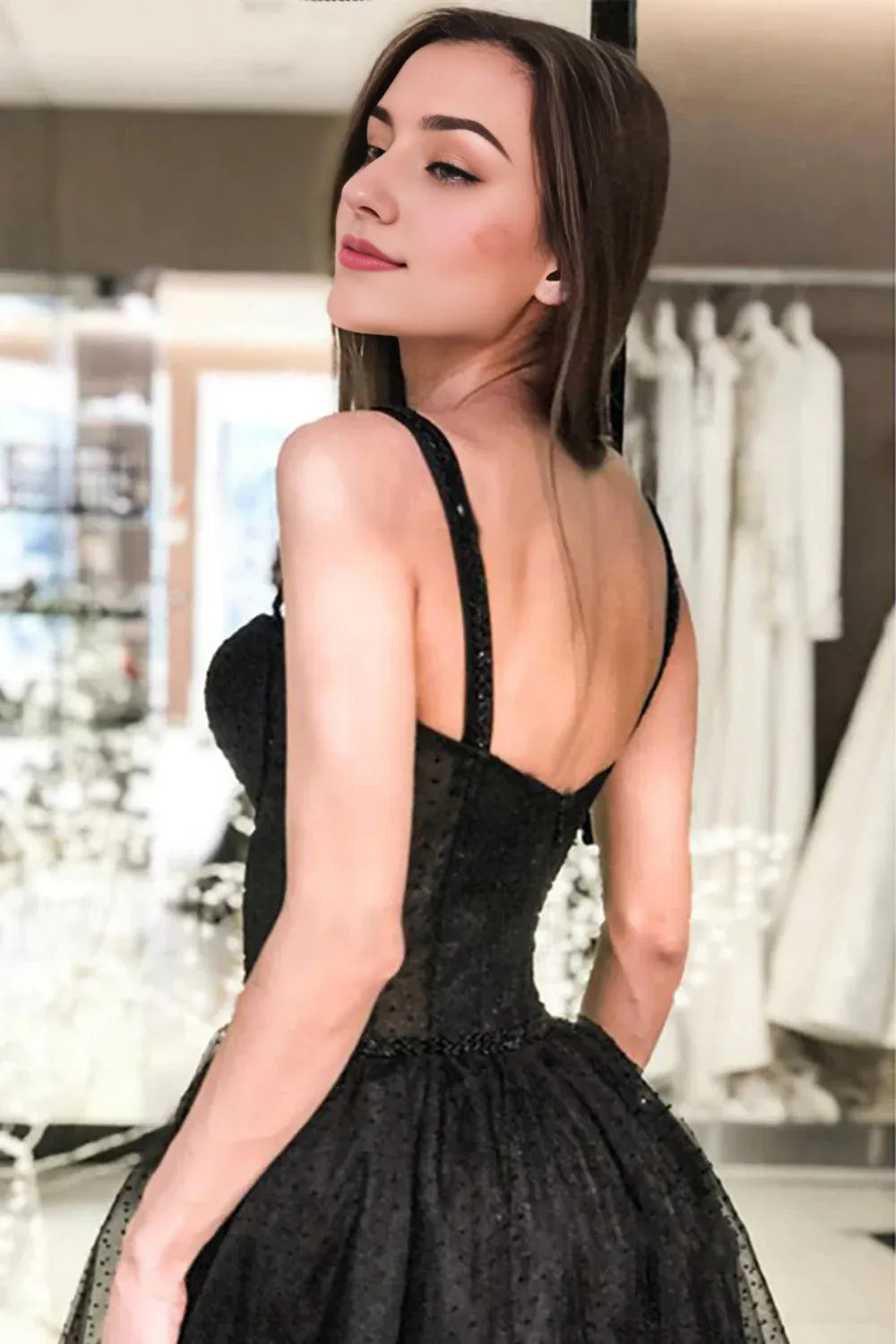 Black Polka Dots A Line Prom Dress