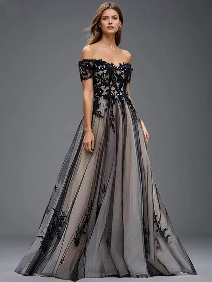 Black Prom Dress A Line Off The Shoulder Lace Appliques Black Tulle Lace Up Back Prom Dress