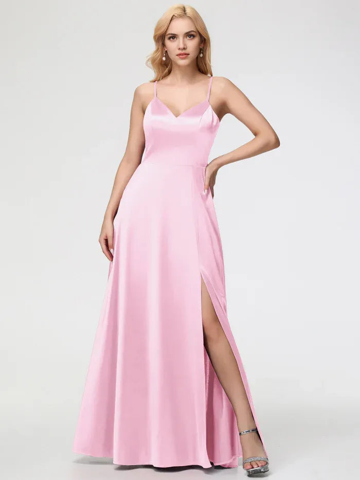 Black Prom Dresss A-Line V-Neck Spaghetti Straps Sleeveless Stretch Satin Prom Dresses