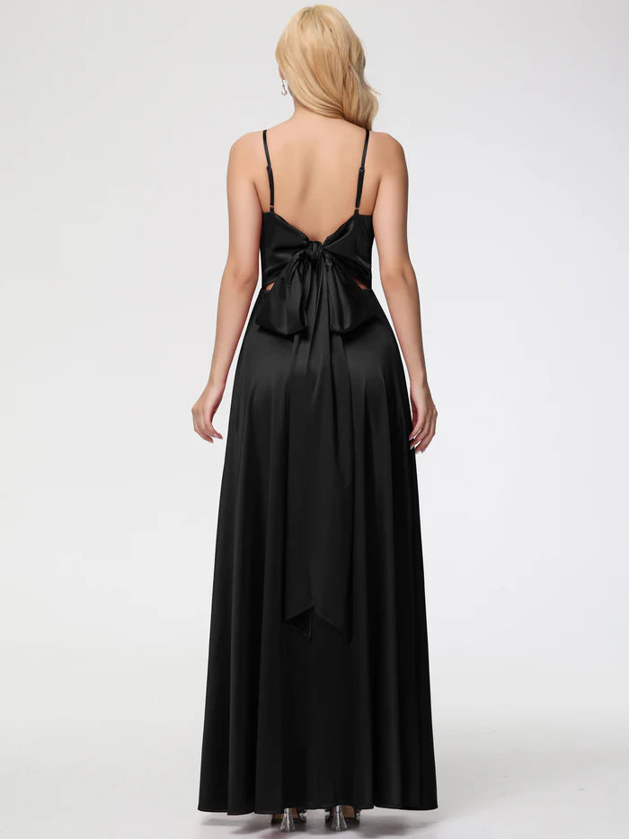 Black Prom Dresss A-Line V-Neck Spaghetti Straps Sleeveless Stretch Satin Prom Dresses