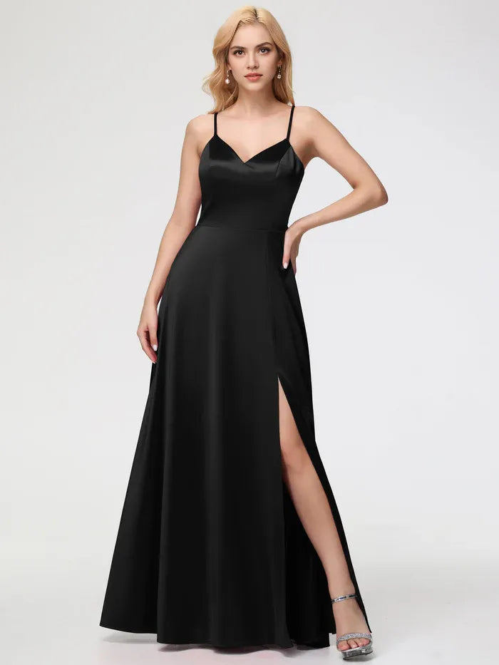 Black Prom Dresss A-Line V-Neck Spaghetti Straps Sleeveless Stretch Satin Prom Dresses