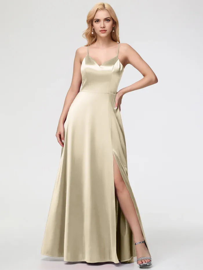 Black Prom Dresss A-Line V-Neck Spaghetti Straps Sleeveless Stretch Satin Prom Dresses