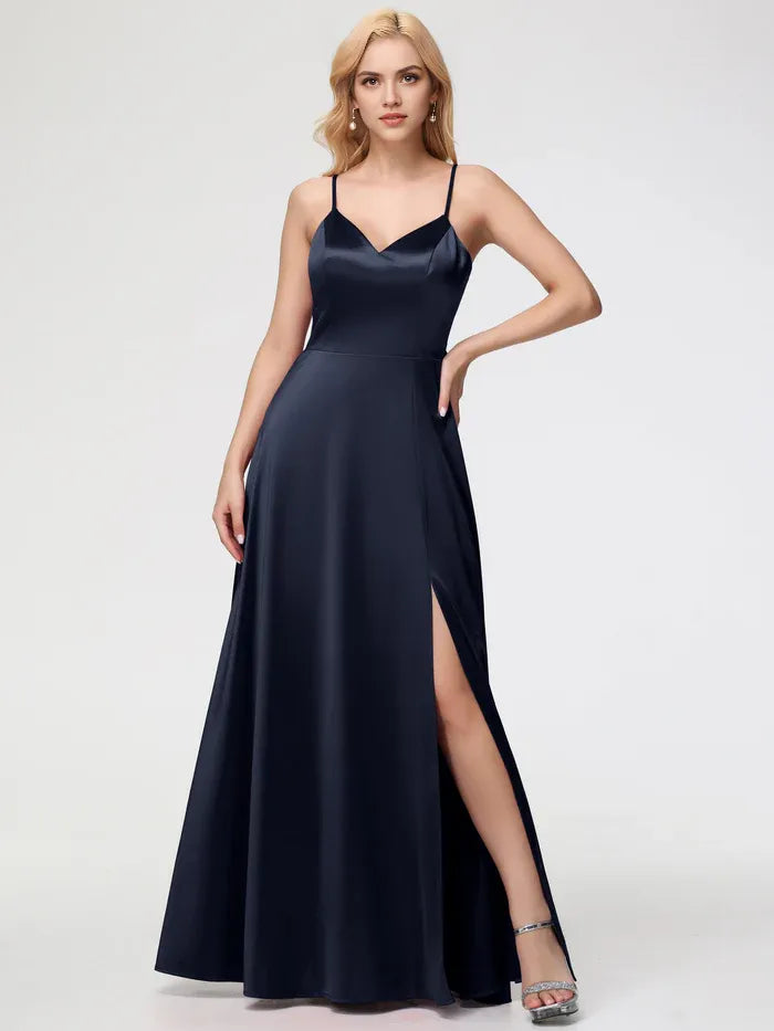 Black Prom Dresss A-Line V-Neck Spaghetti Straps Sleeveless Stretch Satin Prom Dresses