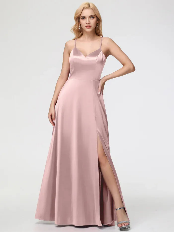 Black Prom Dresss A-Line V-Neck Spaghetti Straps Sleeveless Stretch Satin Prom Dresses