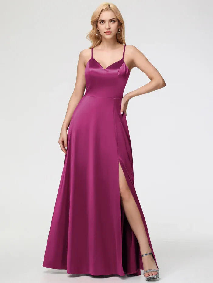 Black Prom Dresss A-Line V-Neck Spaghetti Straps Sleeveless Stretch Satin Prom Dresses