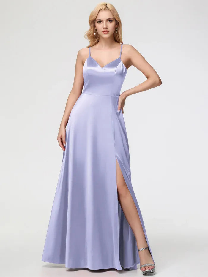 Black Prom Dresss A-Line V-Neck Spaghetti Straps Sleeveless Stretch Satin Prom Dresses