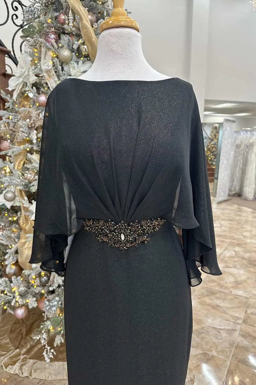 Black Rhinestones Cape Sleeves Mother of the Bride Dresses