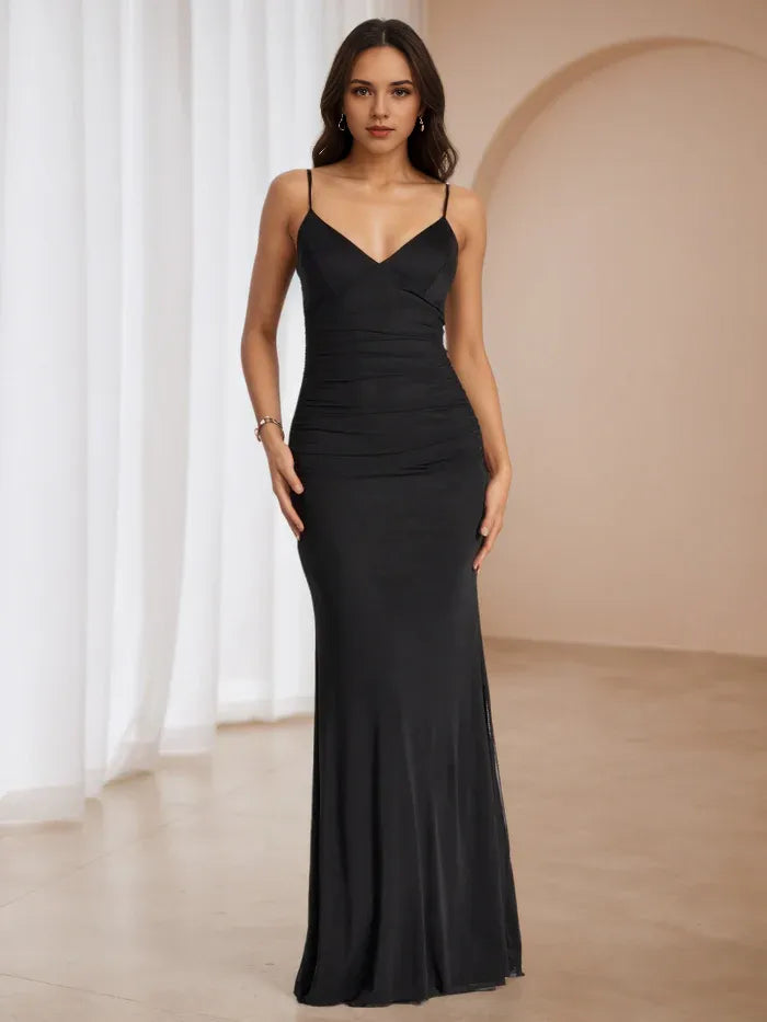 Black Ruched Mermaid Prom Dress Spaghetti Straps Deep V - Neck for Timeless Gala Sophistication