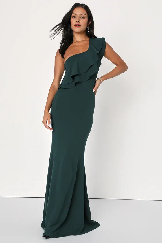 Black Ruffled One-Shoulder Mermaid Evening Dresses