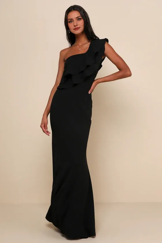 Black Ruffled One-Shoulder Mermaid Evening Dresses
