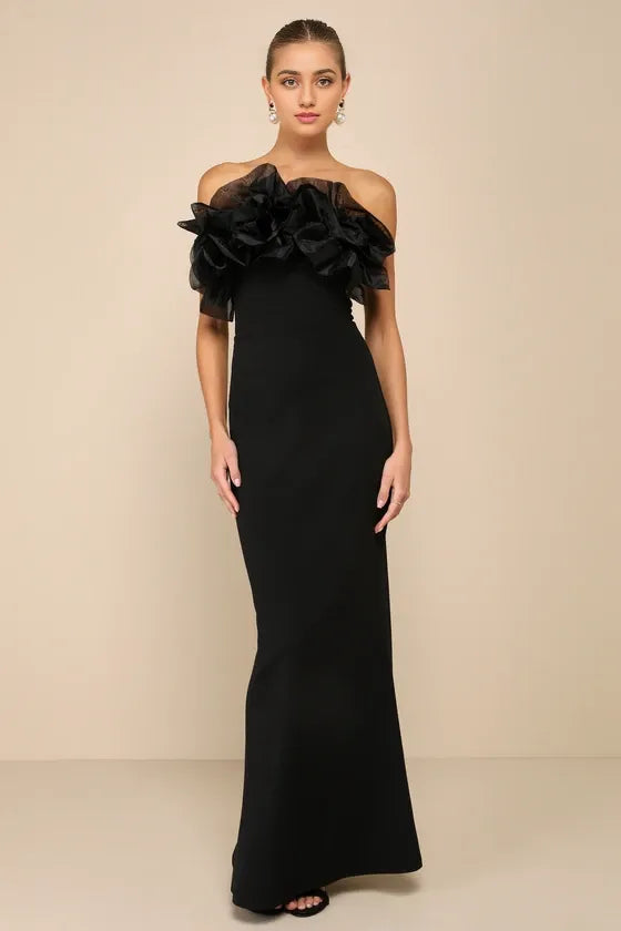 Black Ruffled Strapless Mermaid Evening Dresses