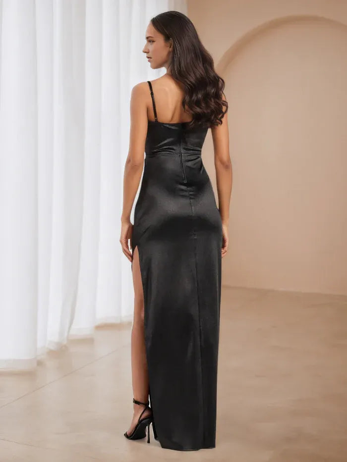 Black Satin Cowl Neck Prom Dress Spaghetti Straps Side Slit for Timeless Gala Sophistication