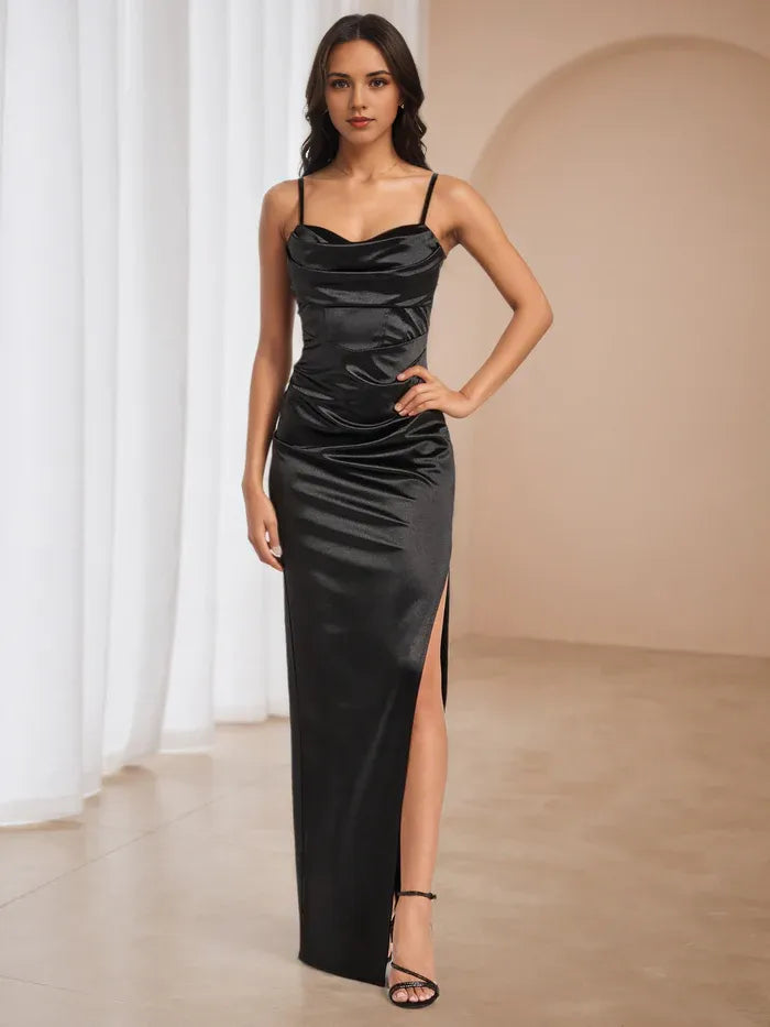 Black Satin Cowl Neck Prom Dress Spaghetti Straps Side Slit for Timeless Gala Sophistication
