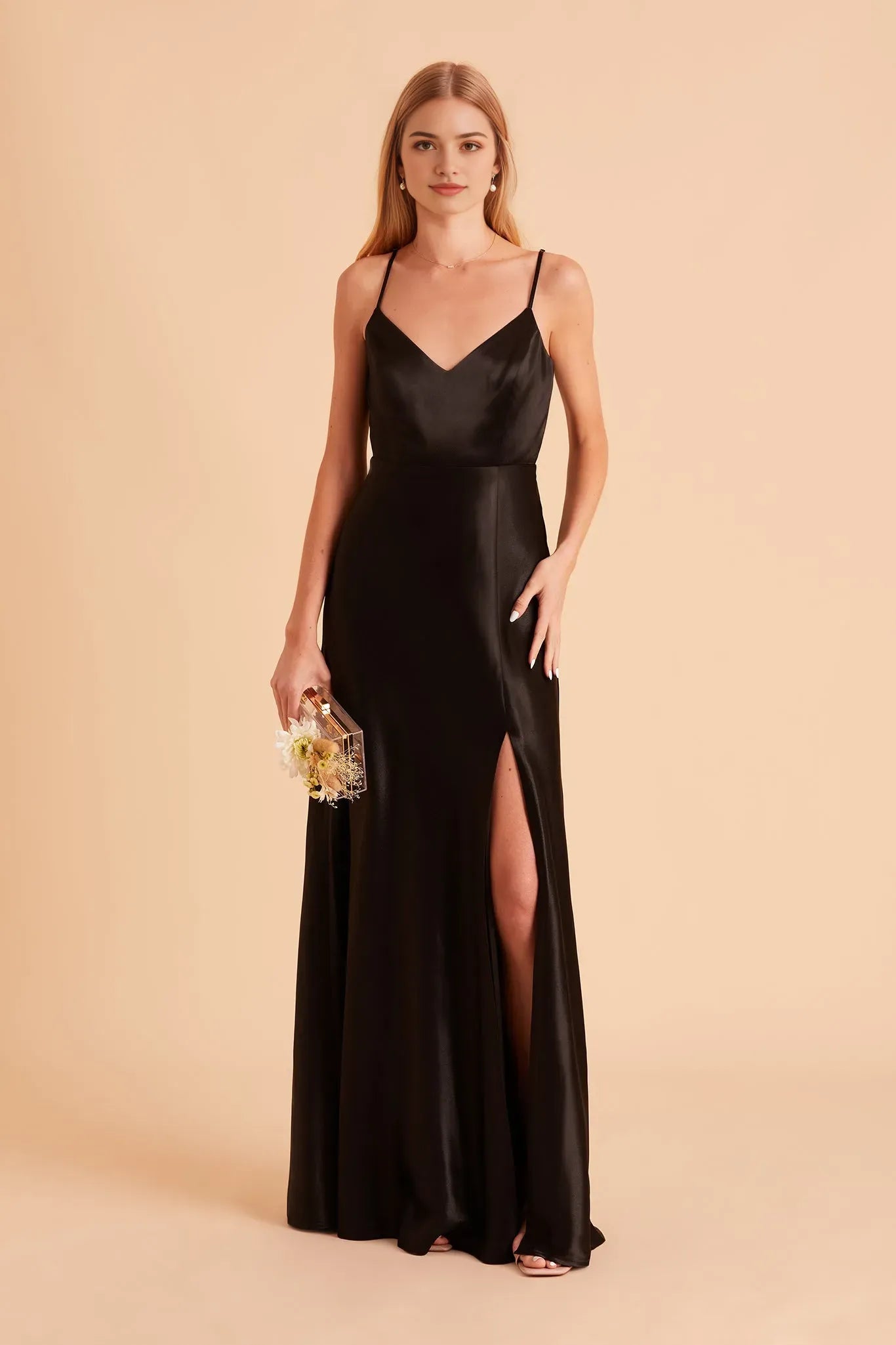 Black Satin Deep V - Neck Prom Dress with Side Slit Goth Inspired Glamour Gown for Enigmatic Formal Evenings