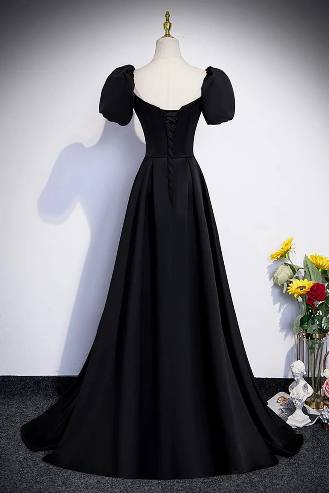 Black Satin Long Prom Dress A-Line Short Sleeve Evening Party Dress