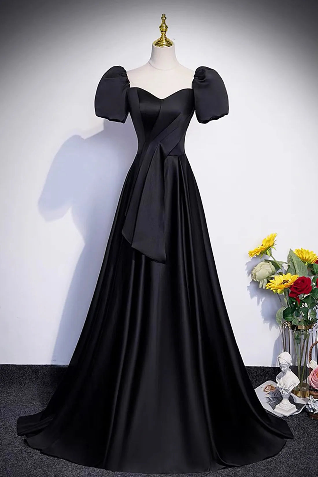 Black Satin Long Prom Dress A-Line Short Sleeve Evening Party Dress