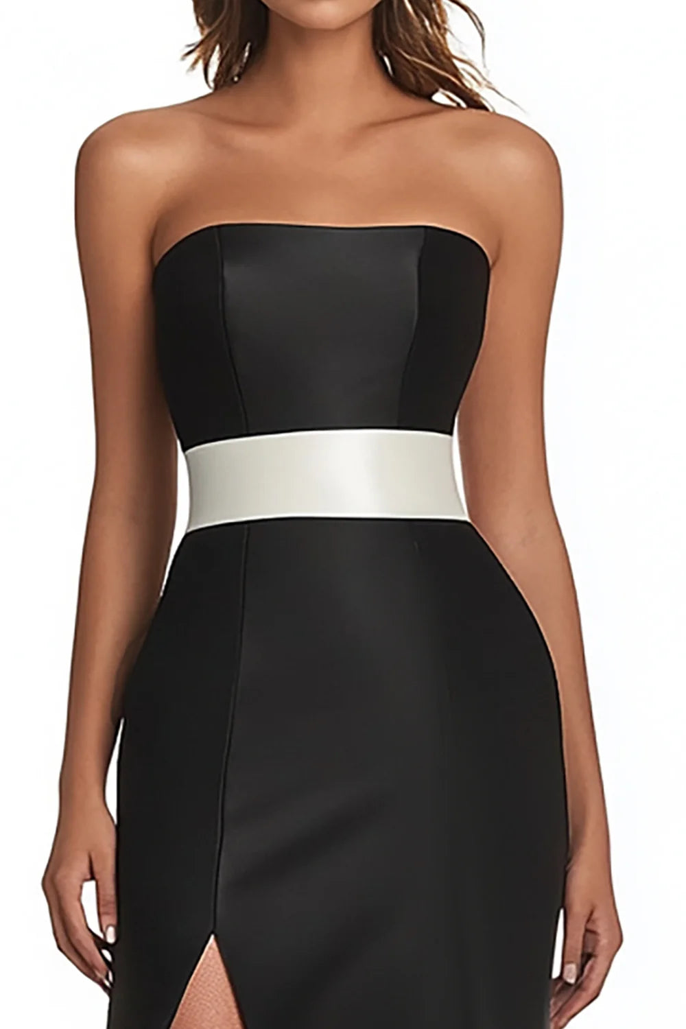 Black Satin Mermaid Strapless Long Evening Dress with Slit