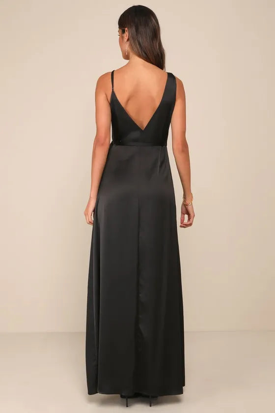 Black Satin Prom Dress featuring Asymmetric Spaghetti Strap Plunging V - Neck Wrap  Around Bodice with Tie and High Side Slit