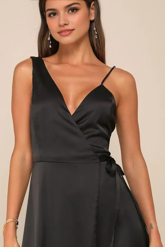 Black Satin Prom Dress featuring Asymmetric Spaghetti Strap Plunging V - Neck Wrap  Around Bodice with Tie and High Side Slit
