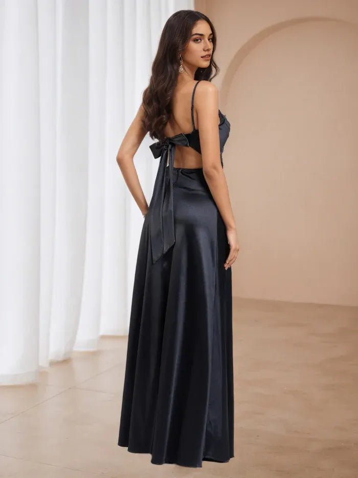 Black Satin Prom Dress with Cowl Neckline Single Spaghetti Strap Design and High Side Slit Elegant Mermaid  Inspired Silhouette for Formal Evening Events
