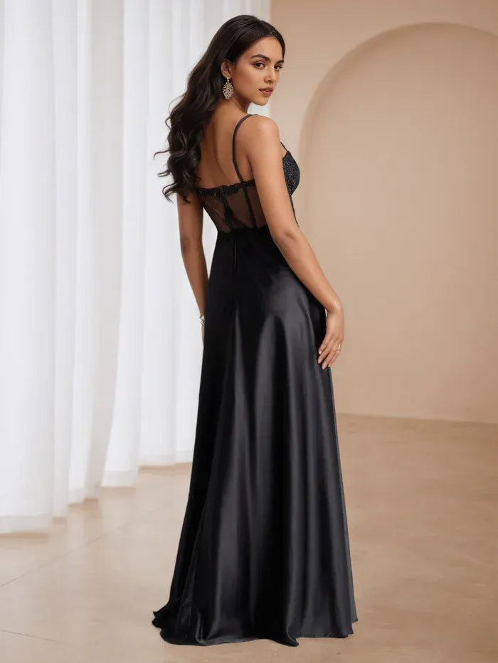 Black Satin Prom Dress with Lace  Embroidered Bodice Spaghetti Straps High Slit Timeless Elegance for Formal Occasions
