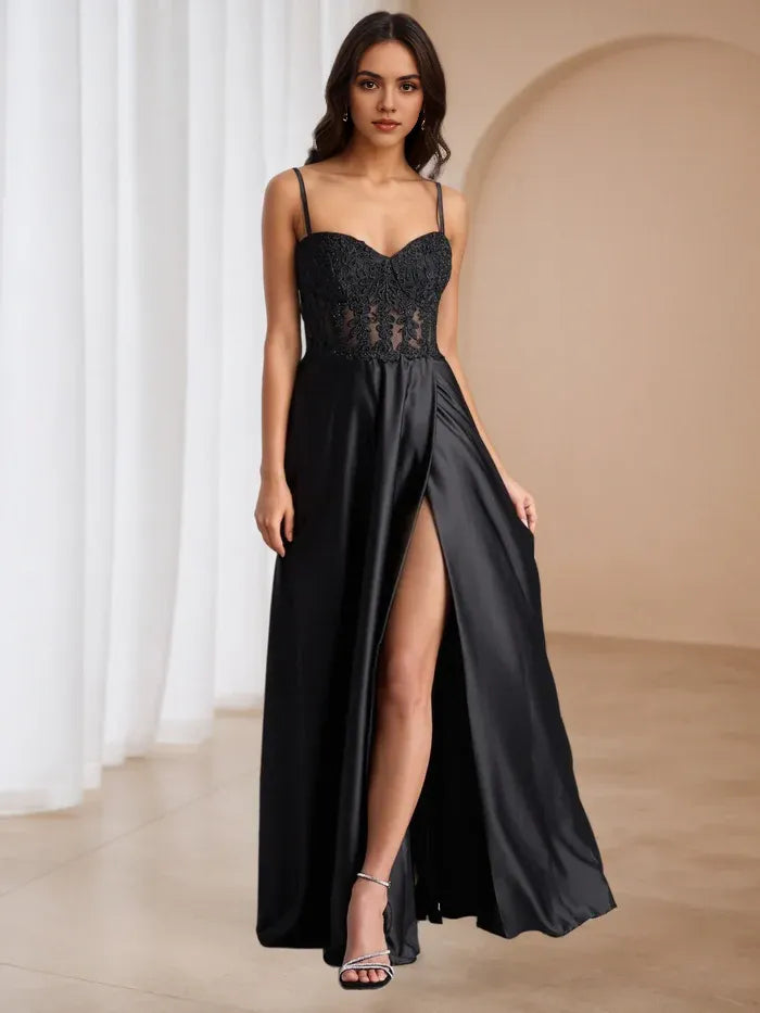 Black Satin Prom Dress with Lace  Embroidered Bodice Spaghetti Straps High Slit Timeless Elegance for Formal Occasions