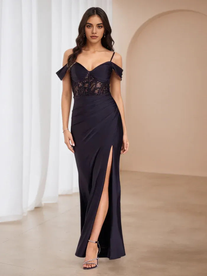 Black Satin Prom Dress with Off Shoulder Sleeves  Lace Bodice Detail High Slit Evening Gown