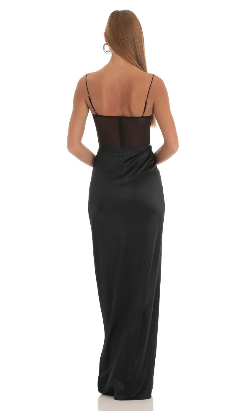 Black Satin Prom Dress with Spaghetti Straps Sheer Mesh Corset Bodice and High Thigh Slit for a Glamorous Formal Look