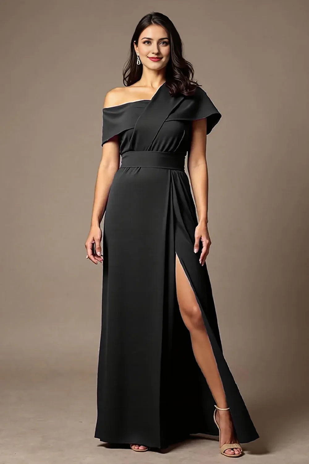 Black Satin Sheath Mother of the Bride Dress with Slit