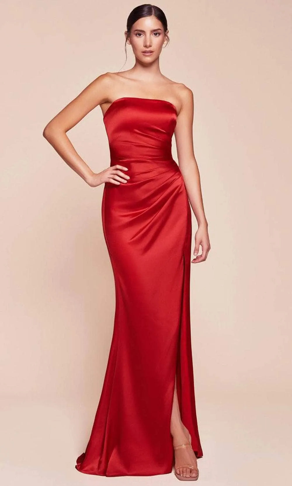 Black Satin Strapless Evening Gown with Halter Neckline and Side Slit Perfect for PromsFormal Balls