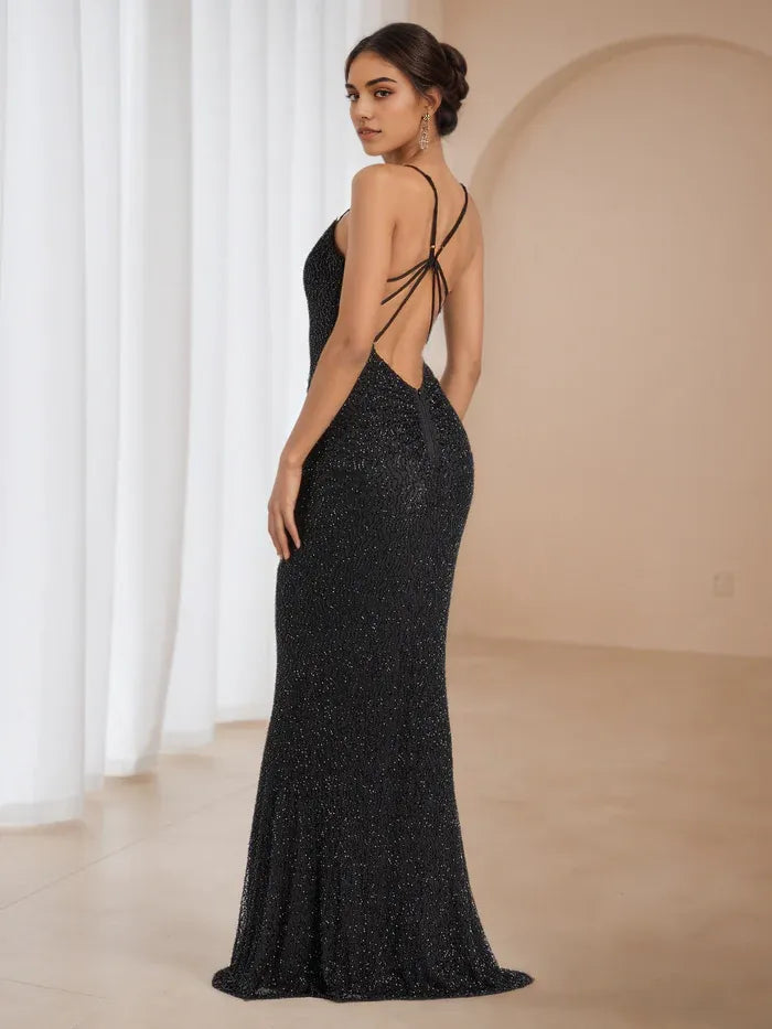 Black Sequin Spaghetti Strap Prom Dress Deep V Neck Mermaid Gown for Formal Events