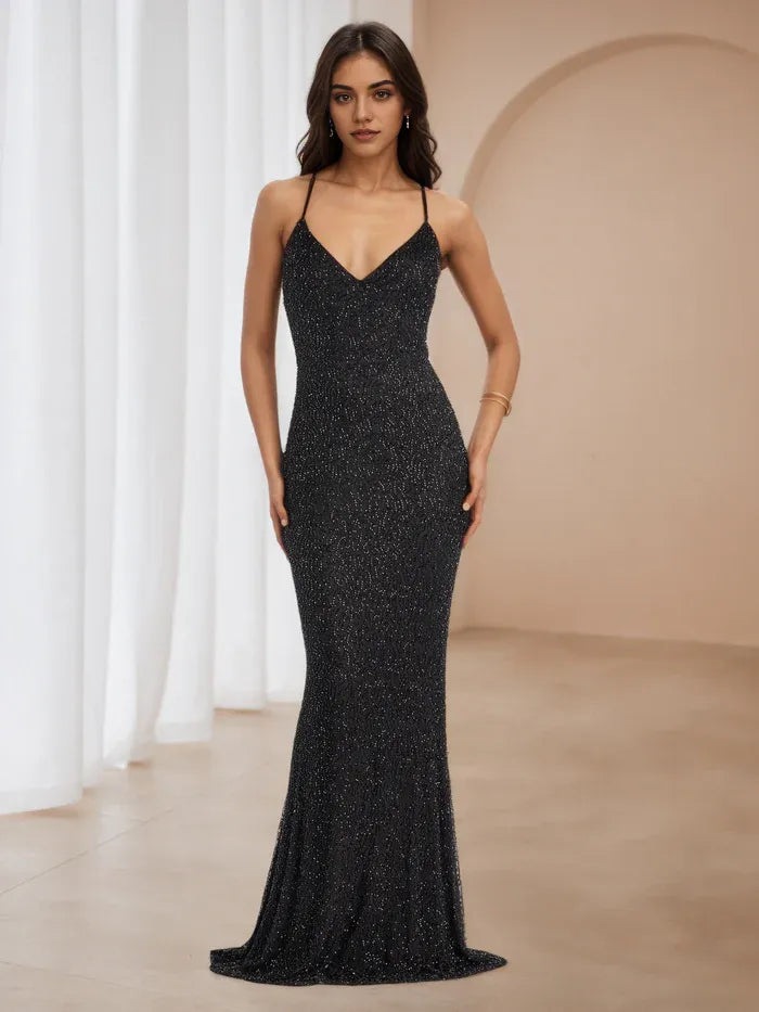 Black Sequin Spaghetti Strap Prom Dress Deep V Neck Mermaid Gown for Formal Events