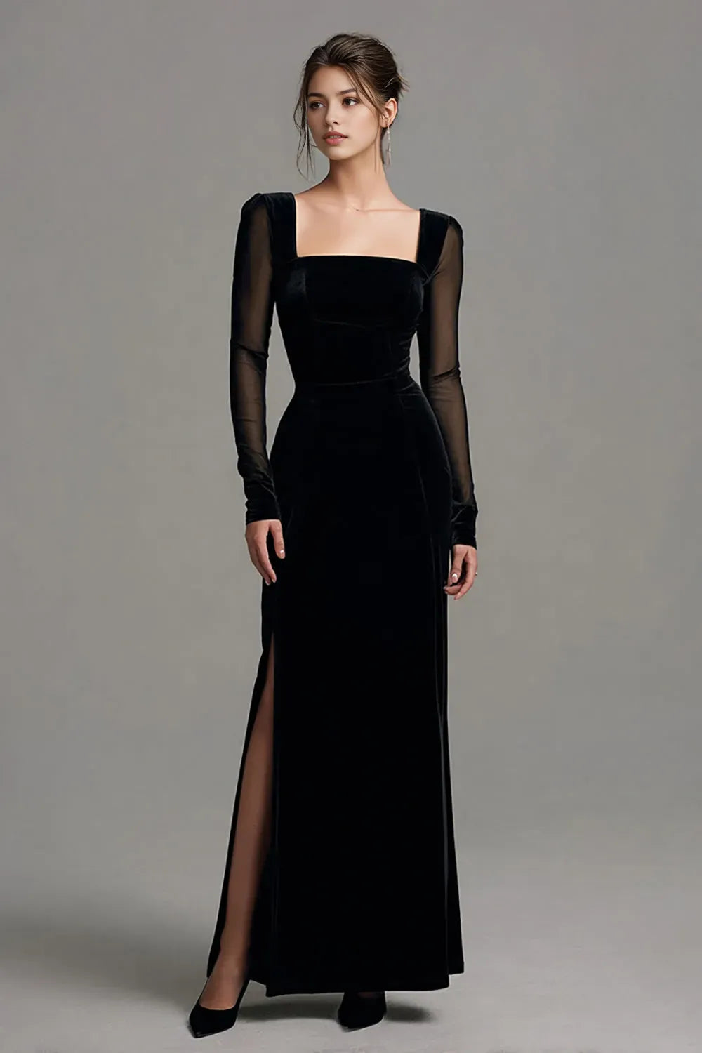 Black Sheath Velvet Square Neck Holiday Party Dress with Slit ﻿
