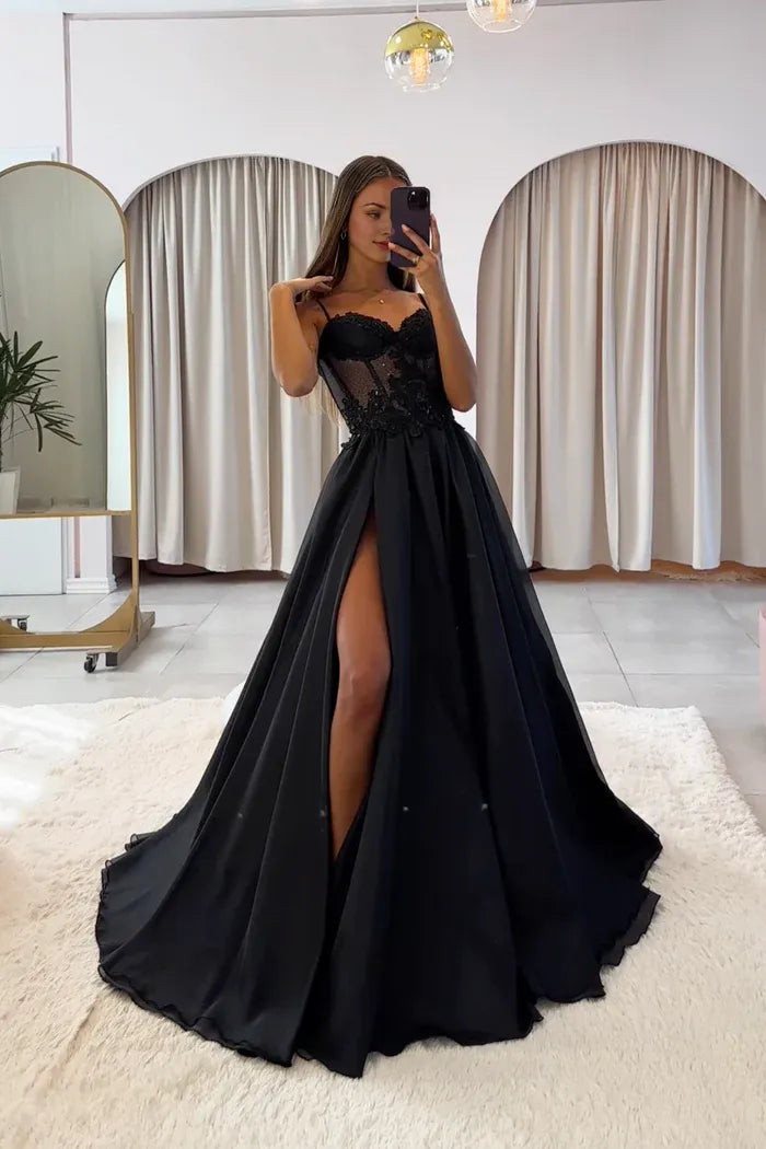 Black Spaghetti Strap Chiffon Lace Long Prom Dress Black A-Line Evening Party Dress