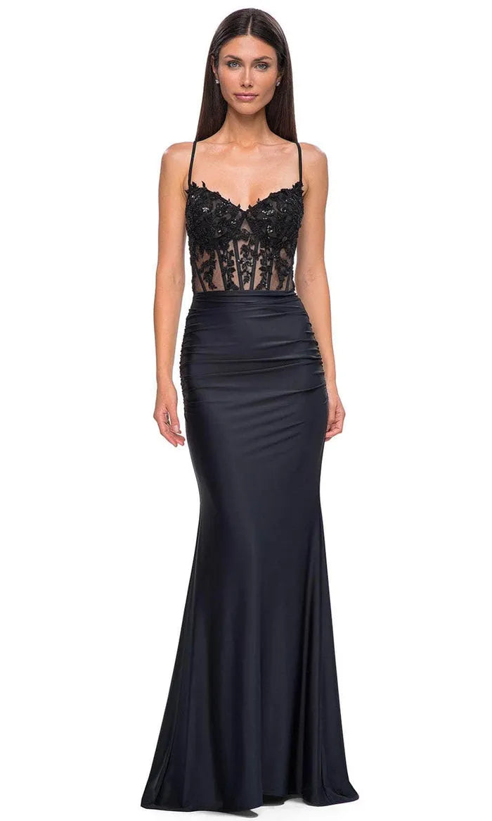 Black Spaghetti Strap Prom Dress with Sheer Lace Bodice and Ruched Satin Skirt for Formal Evening Galas